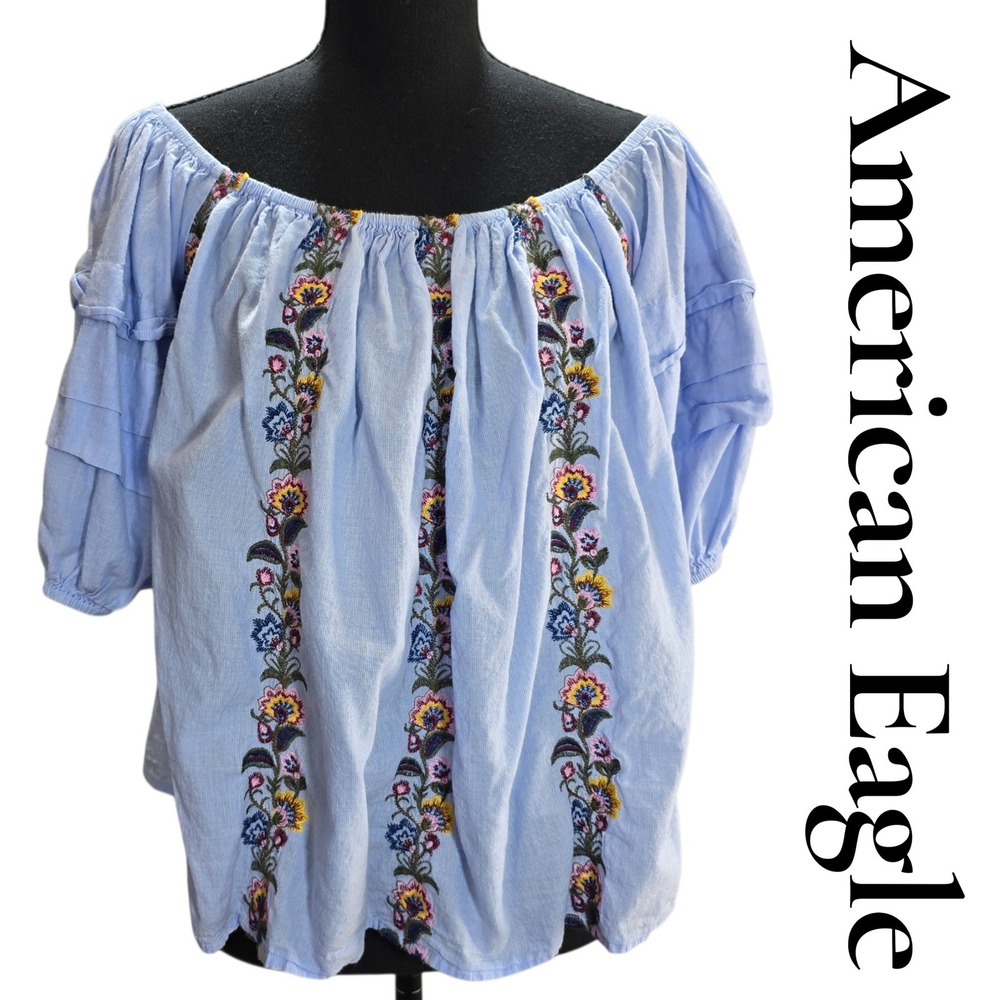 American Eagle Top Women Medium Blue Cotton Boho Embroidered Peasant Blouse